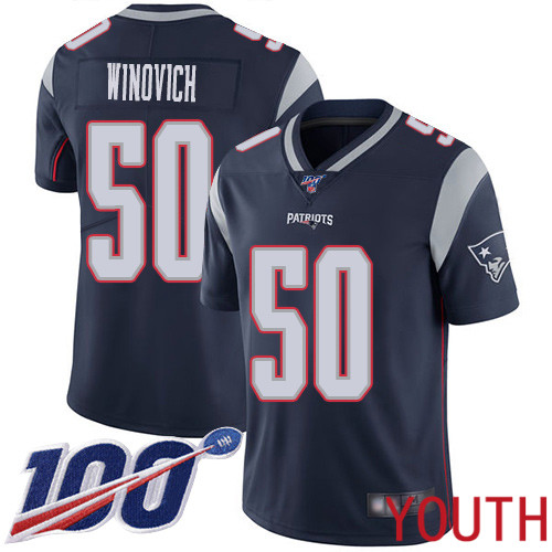 New England Patriots Football #50 100th Limited Navy Blue Youth Chase Winovich Home NFL Jersey->youth nfl jersey->Youth Jersey